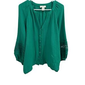 Calypso St Barth 1X Kelly Green Crochet Lace Balloon Sleeve Cotton Gauze Top GUC